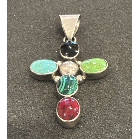 Vintage Sterling Silver Cross Multi Stone 2 3/4”long statement Pendant - Picture 2 of 7